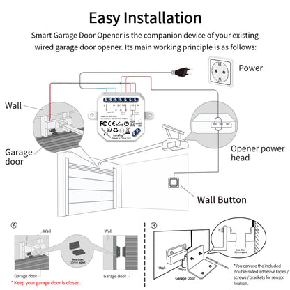 Abridor de puerta de garaje inteligente Wi-Fi (Controlador con sensores de contacto con cable) - Compatible con Tuya, Smart Life, Alexa y Google Assistant