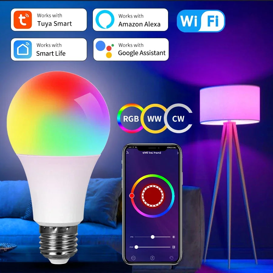 Bombillas LED inteligentes Tuya Wi-Fi (110V / 220V, 10W / 15W / 20W, E27) - Lámpara LED RGB, app Smart Life y control por voz con Alexa y Google Assistant