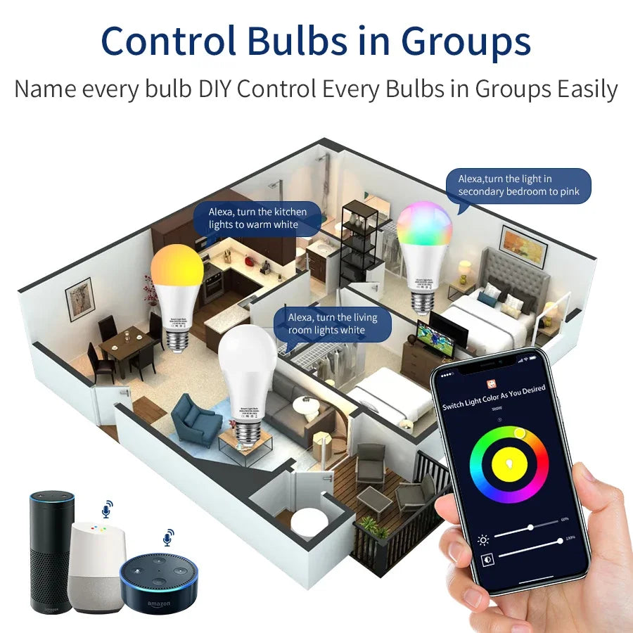 Bombillas LED inteligentes Tuya Wi-Fi (110V / 220V, 10W / 15W / 20W, E27) - Lámpara LED RGB, app Smart Life y control por voz con Alexa y Google Assistant