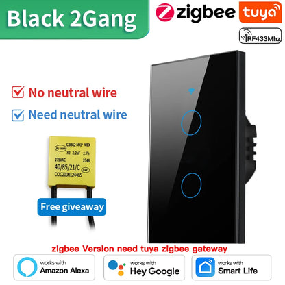Interruptor de luz inteligente táctil de pared Tuya (Estándar EE. UU. Wi-Fi o Zigbee, 1/2/3/4 pulsadores) - Con sensor LED, para domótica, compatible con Alexa y Google Home