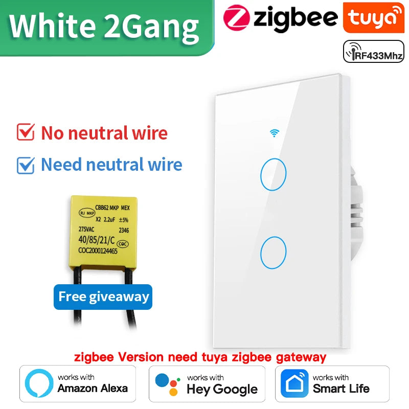 Interruptor de luz inteligente táctil de pared Tuya (Estándar EE. UU. Wi-Fi o Zigbee, 1/2/3/4 pulsadores) - Con sensor LED, para domótica, compatible con Alexa y Google Home