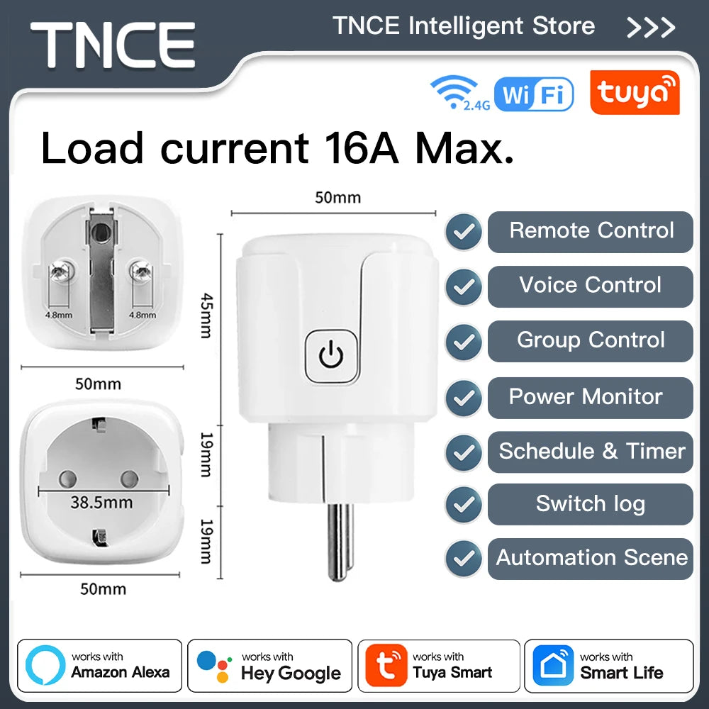 Enchufe inteligente TUYA Wi-Fi o Zigbee 3.0 (Toma UE 16A/20A) - Monitor de energía, función de temporizador y control por voz compatible con Alexa y Google Home