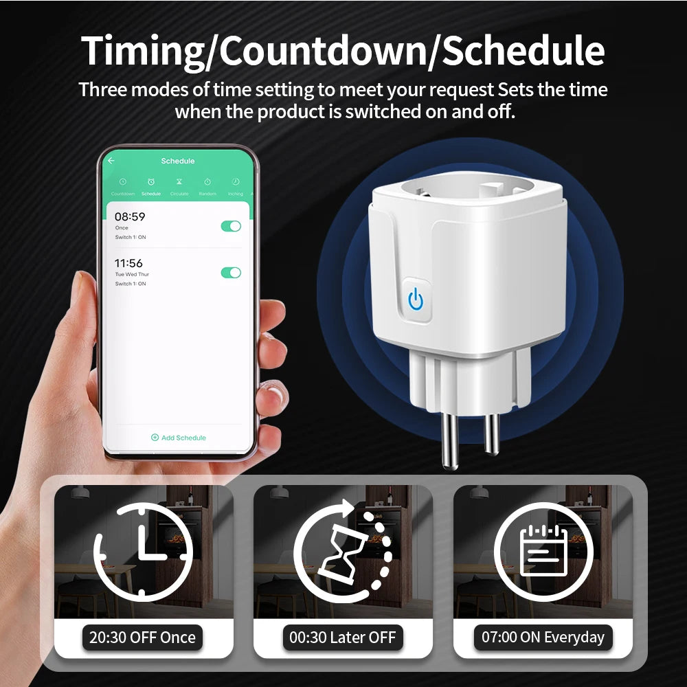 Enchufe inteligente TUYA Wi-Fi o Zigbee 3.0 (Toma UE 16A/20A) - Monitor de energía, función de temporizador y control por voz compatible con Alexa y Google Home