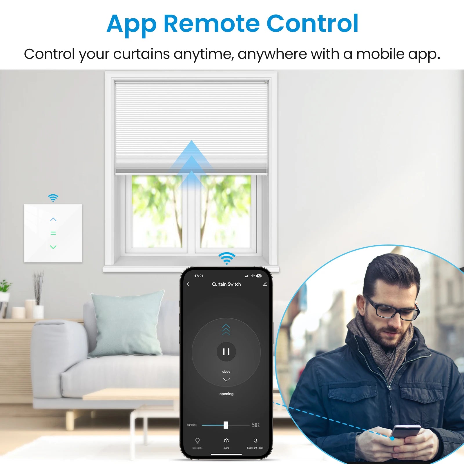 QCSMART Interruptor de Persianas Enrollables con Retroiluminación, Control por Porcentaje Tuya Smart Life, Compatible con Google Assistant y Alexa