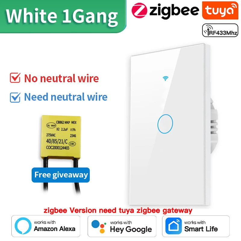 Interruptor de luz inteligente táctil de pared Tuya (Estándar EE. UU. Wi-Fi o Zigbee, 1/2/3/4 pulsadores) - Con sensor LED, para domótica, compatible con Alexa y Google Home