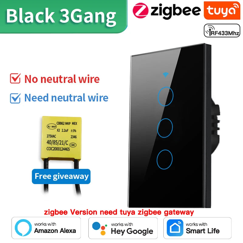Interruptor de luz inteligente táctil de pared Tuya (Estándar EE. UU. Wi-Fi o Zigbee, 1/2/3/4 pulsadores) - Con sensor LED, para domótica, compatible con Alexa y Google Home