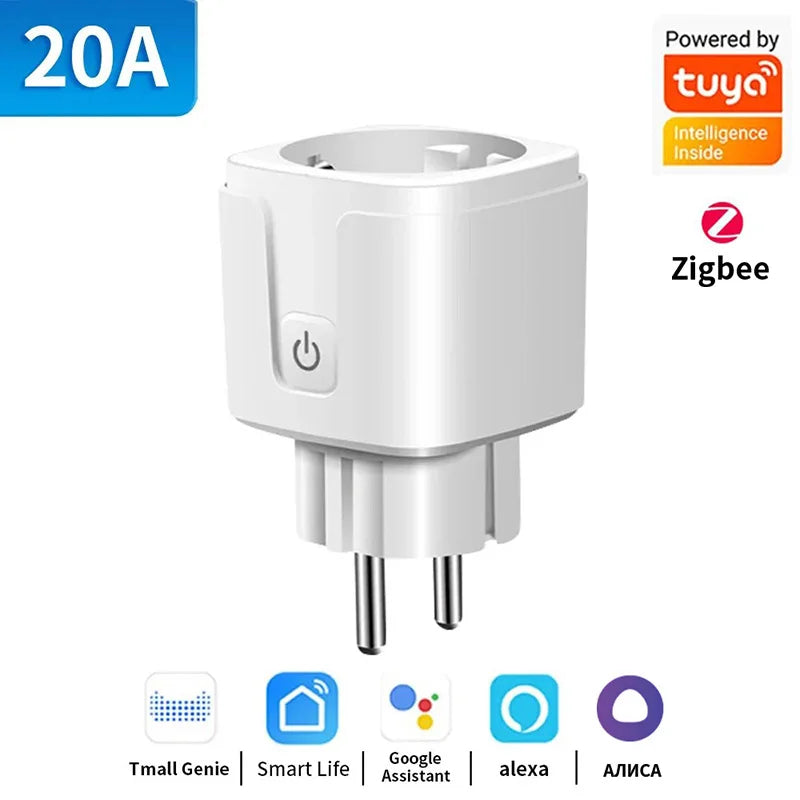 Enchufe inteligente TUYA Wi-Fi o Zigbee 3.0 (Toma UE 16A/20A) - Monitor de energía, función de temporizador y control por voz compatible con Alexa y Google Home