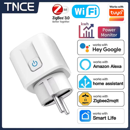 Enchufe inteligente TUYA Wi-Fi o Zigbee 3.0 (Toma UE 16A/20A) - Monitor de energía, función de temporizador y control por voz compatible con Alexa y Google Home