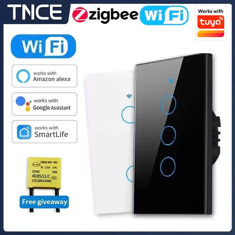 Interruptor de luz inteligente táctil de pared Tuya (Estándar EE. UU. Wi-Fi o Zigbee, 1/2/3/4 pulsadores) - Con sensor LED, para domótica, compatible con Alexa y Google Home