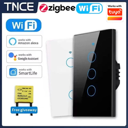 Interruptor de luz inteligente táctil de pared Tuya (Estándar EE. UU. Wi-Fi o Zigbee, 1/2/3/4 pulsadores) - Con sensor LED, para domótica, compatible con Alexa y Google Home