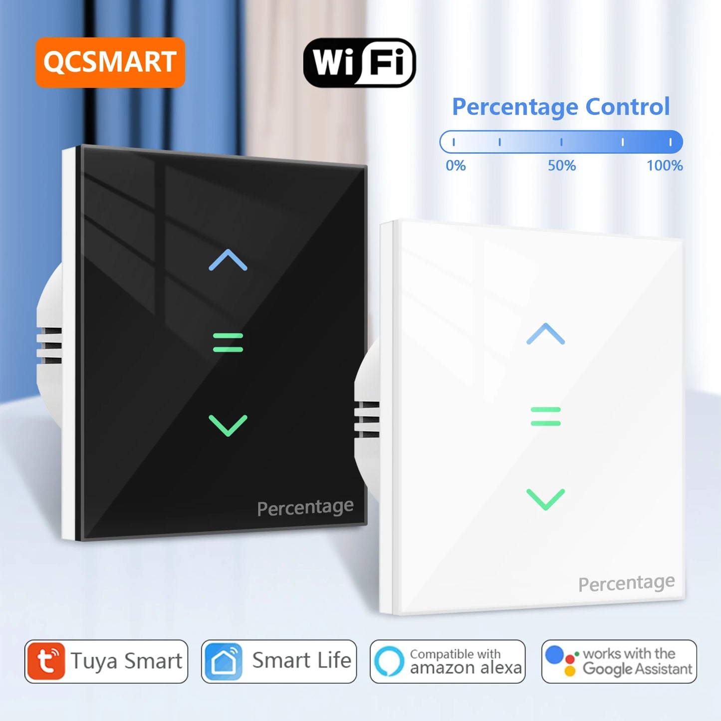 QCSMART Interruptor de Persianas Enrollables con Retroiluminación, Control por Porcentaje Tuya Smart Life, Compatible con Google Assistant y Alexa
