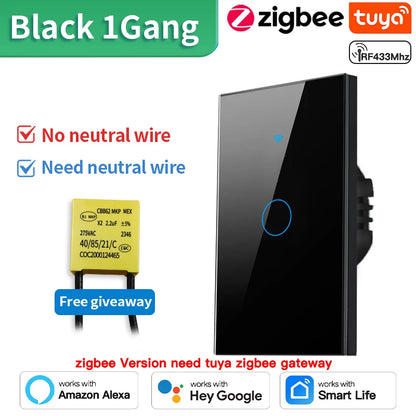 Interruptor de luz inteligente táctil de pared Tuya (Estándar EE. UU. Wi-Fi o Zigbee, 1/2/3/4 pulsadores) - Con sensor LED, para domótica, compatible con Alexa y Google Home