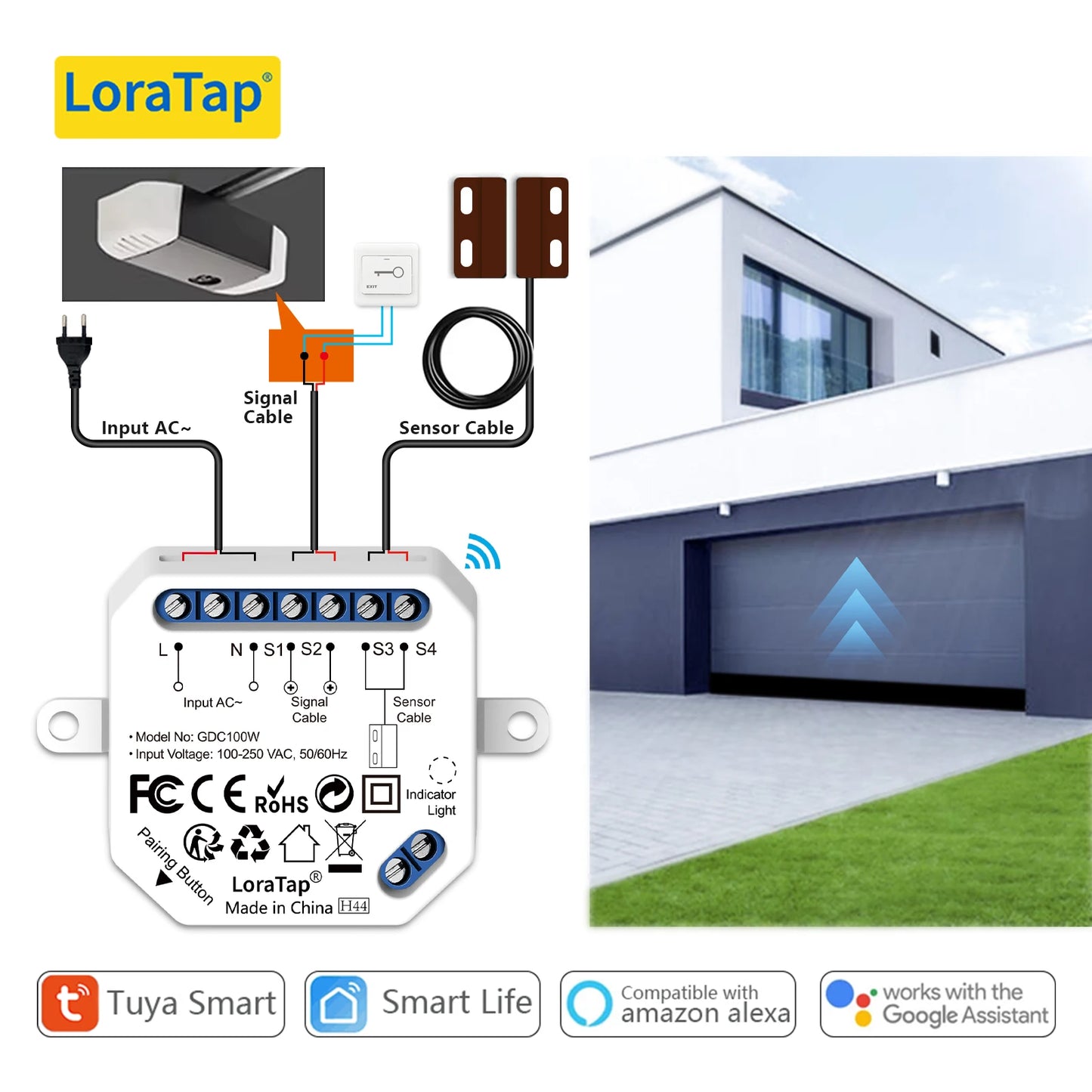 Abridor de puerta de garaje inteligente Wi-Fi (Controlador con sensores de contacto con cable) - Compatible con Tuya, Smart Life, Alexa y Google Assistant