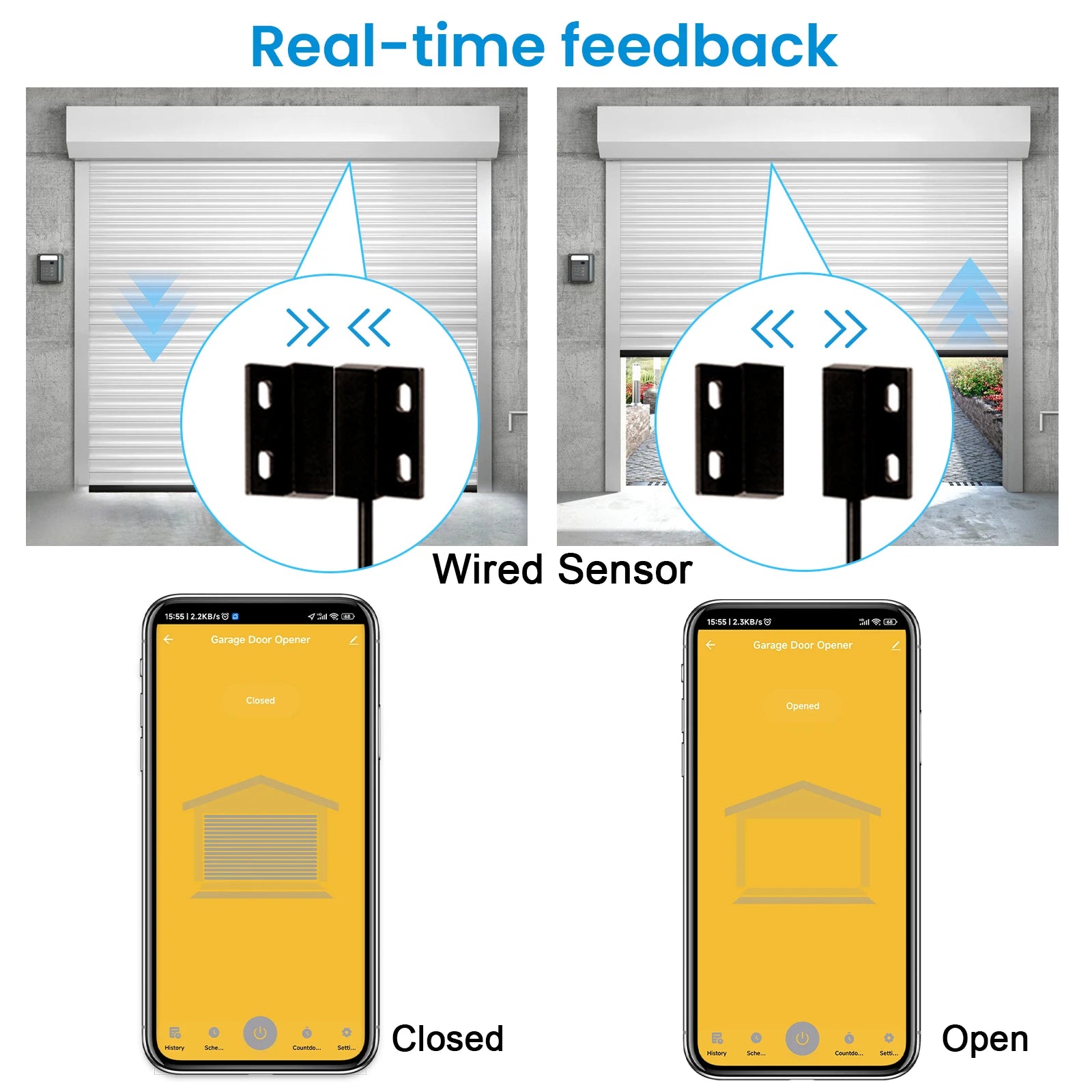 Abridor de puerta de garaje inteligente Wi-Fi (Controlador con sensores de contacto con cable) - Compatible con Tuya, Smart Life, Alexa y Google Assistant